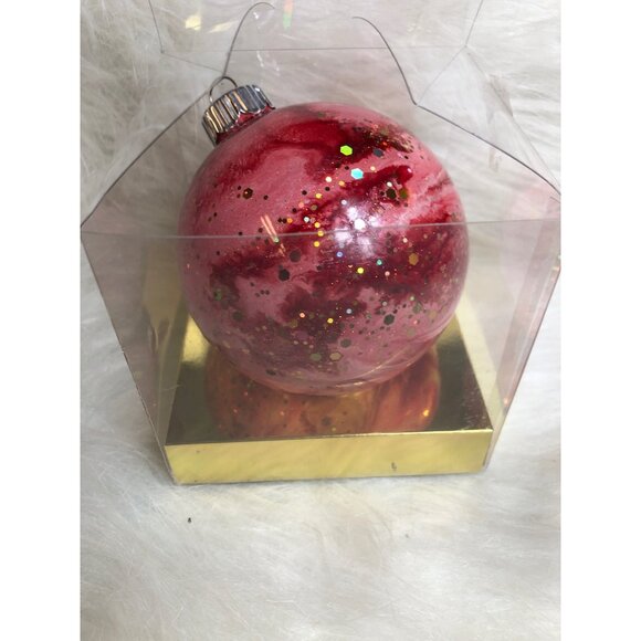 Christmas Ornament Red & Pink Swirl Globe Hand-Painted Marbled Glitter - Picture 5 of 8